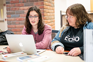 Two women working together on a laptop at a table in a library setting.